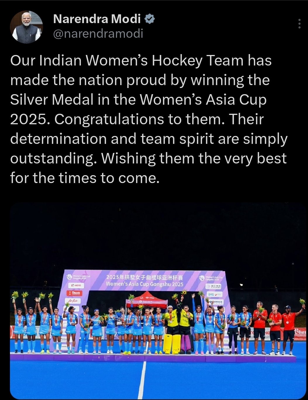Prime Minister congratulates Indian Women’s Hockey Team on Asia Cup Silver Medal