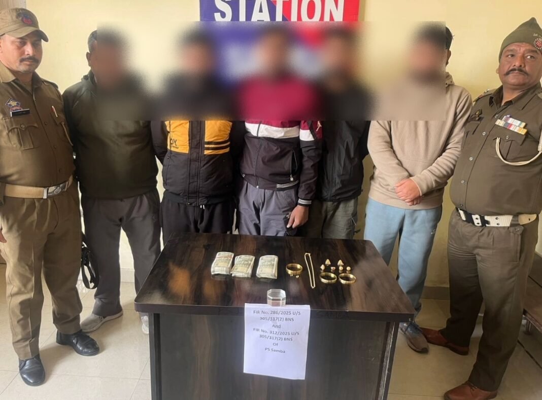 SAMBA POLICE WORKED OUT 02 THEFT CASES OF GOLD ORNAMENTS; ARRESTED 05 ACCUSED, RECOVERED 59.31 GRAMS STOLEN GOLD ITEMS WORTH RUPEES 747306.00 ALONGWITH CASH OF RUPEES 1,04,500.00
