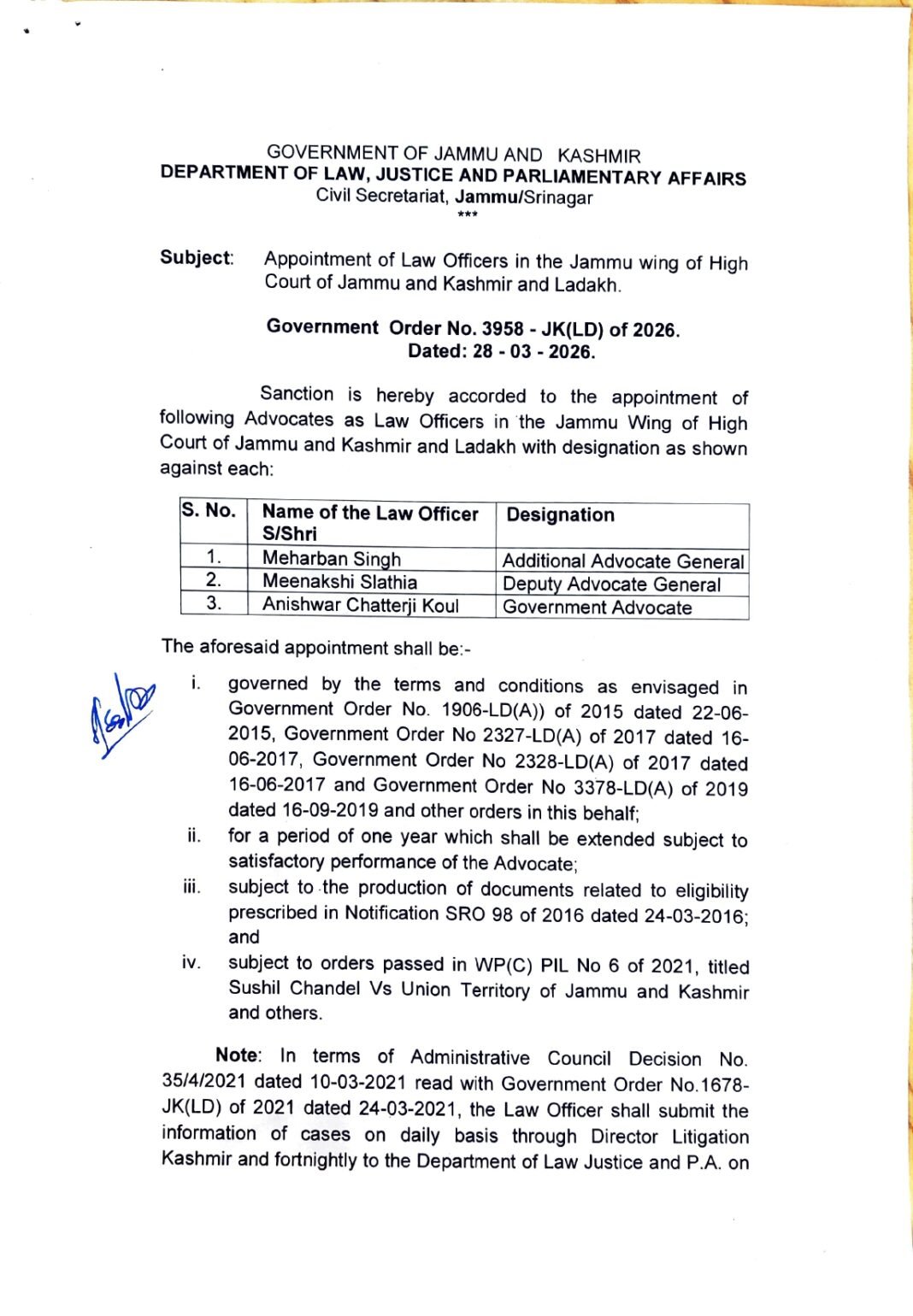 Appointment of Law Officers in the Jammu wing of High Court of Jammu and Kashmir and Ladakh.